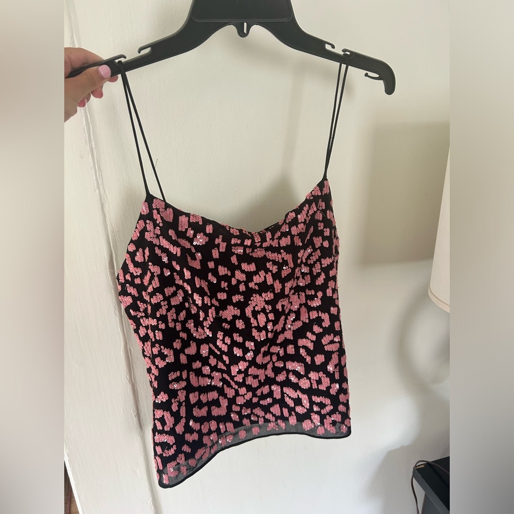 Alice + Olivia black and pink cheetah sequin top